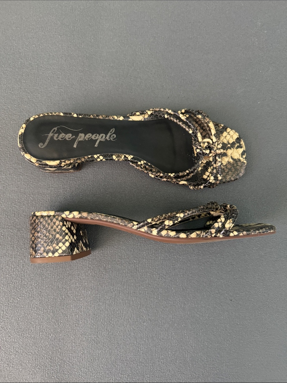 Free People Tan and Black Snake-Print Slip-On Heeled Mules